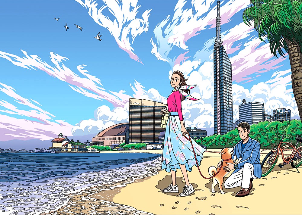 わたせせいぞうの絵画作品　タイトルは、ふたりのシーサイドストーリーinももち